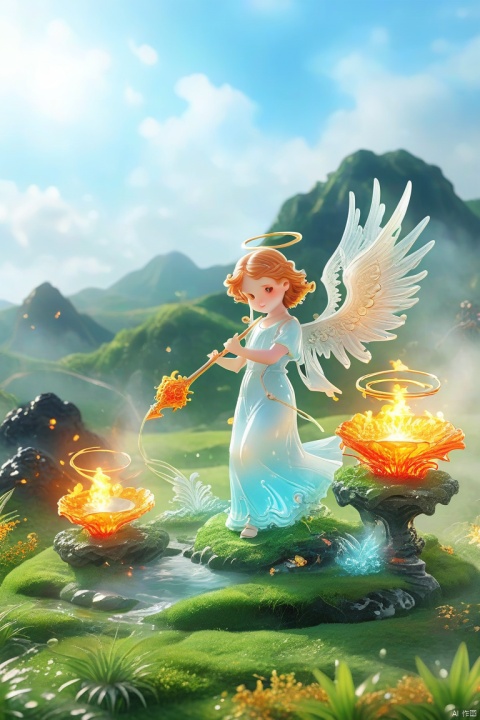 Best quality, very good, 16 thousand, ridiculous, extremely detailed, lovely (((Angel:1.3))), made of translucent boiling lava, with grassland in the background ((a masterpiece full of fantasy elements))) , ((Best quality)), ((Intricate details)) (8k)