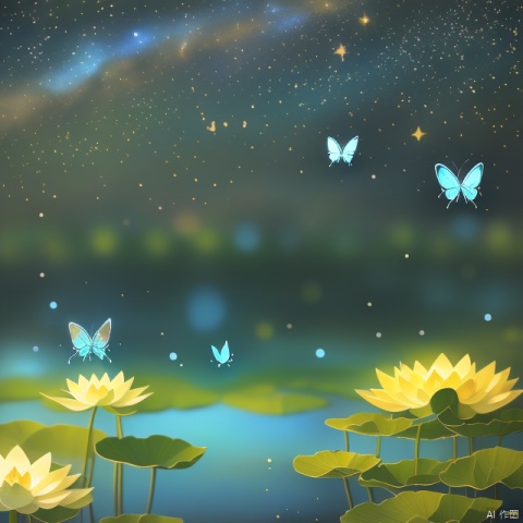 Dunhuang art style illustration, many blue butterflies with auspicious clouds around the design, transparent diamond wings, gorgeous, (blue butterflies shining with starlight: 1.36) flying over the lotus pond, extremely delicate brushstrokes, soft and smooth, Chinese red and indigo, gold background