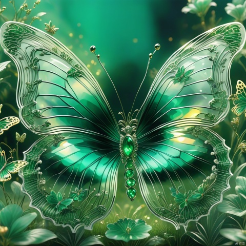  Best quality, very good, 16 thousand, ridiculous, extremely detailed, gorgeous transparent emerald butterfly, background grassland ((masterpiece full of fantasy elements))), ((best quality)), ((intricate details ))(8k)