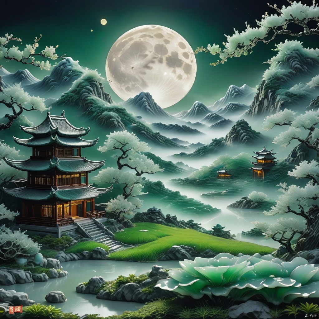 Best quality, very good, 16 thousand, ridiculous, extremely detailed, Jingyesi, looking at the moonlight in front of the bed, suspected to be frost on the ground. Looking up at the mountains and the moon, looking down at my hometown, author; Li Bai, made of translucent jade, background grassland ((a masterpiece full of fantasy elements))), ((the best quality)), ((complex details) )(8k)