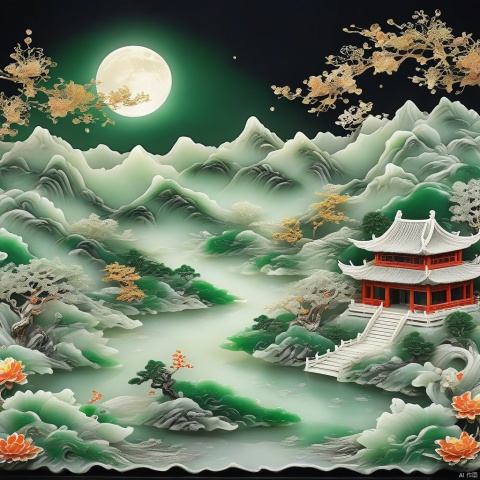 Best quality, very good, 16 thousand, ridiculous, extremely detailed, Jingyesi, looking at the moonlight in front of the bed, suspected to be frost on the ground. Looking up at the mountains and the moon, looking down at my hometown, author; Li Bai, made of translucent jade, background grassland ((a masterpiece full of fantasy elements))), ((the best quality)), ((complex details) )(8k)