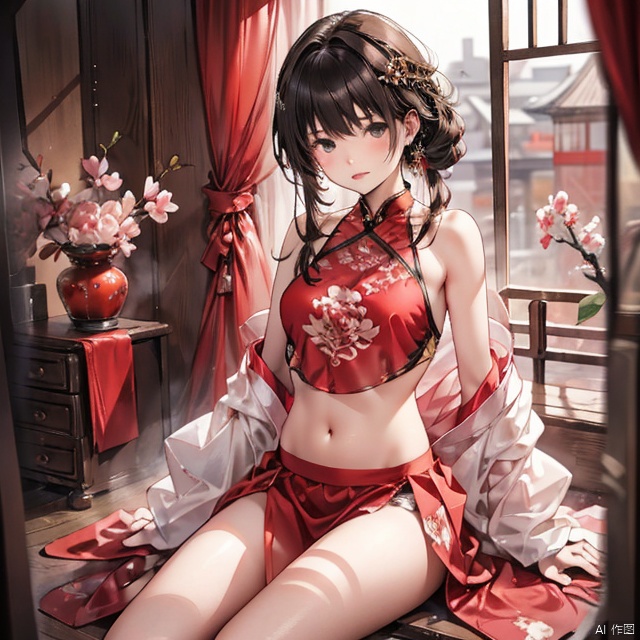  1girl, navel, solo, realistic, midriff, bare shoulders, sitting, hair ornament, black hair, jewelry, curtains, brown hair, parted lips, skirt, red skirt, looking at viewer, cowboy shot, juemei,日本