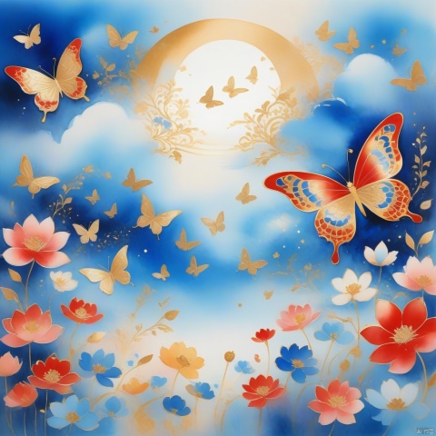 Dunhuang art style illustration, many blue butterflies with golden patterns surrounded by auspicious clouds, with transparent shining diamond wings, majestic, (blue butterflies shining with starlight: 1.36) flying in the lotus pond, extremely delicate brushstrokes, soft and smooth, China Red and indigo, gold background
