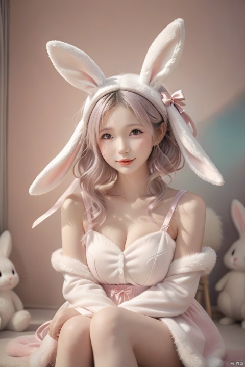 A woman wearing a fluffy bunny costume and big bunny ears, full body shot, wide angle, cute and childlike expression, professional portrait, ultra-fine 8K, high resolution, detailed facial features, detailed clothing, soft lighting, whimsical, fantasy, pastel colors, cute, loli,jjmx