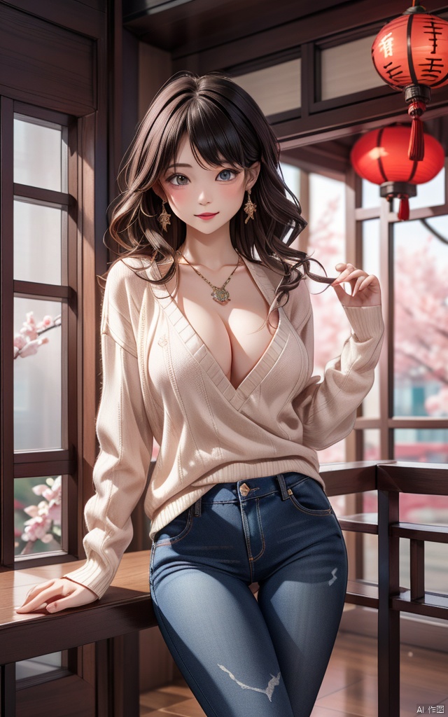 wavy hair wavy hair,（（（hair accessories）））,necklace,Wear a sexy sweater,,skinny jeans,The room is filled with Chinese New Year decorations（（（masterpiece）））, （（best quality））, （（intricate details））, （（Surreal））（8k）