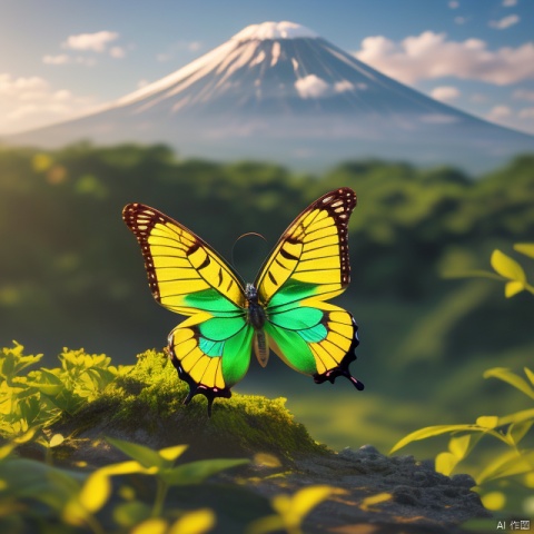 Best quality, very good, 16 thousand, ridiculous, extremely detailed, gorgeous butterfly made of translucent emerald, volcano in the background ((masterpiece full of fantasy elements))), ((best quality)) , ((Intricate details)) (8k),针织玩偶,小萝利