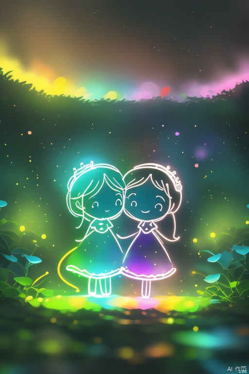 neon gradient light blue, turquoise and purple art of rainbow full body little princess and her mom on black background ,chinese, detailed linework, clear lines, bold vibrant colors, realistic forms, shading, perspective