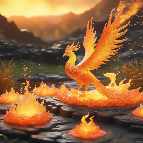 Best quality, very good, 16 thousand, ridiculous, extremely detailed, gorgeous slime fire phoenix made of translucent boiling lava, background grassland ((masterpiece full of fantasy elements))), ((best quality)), ((intricate details)) (8k)