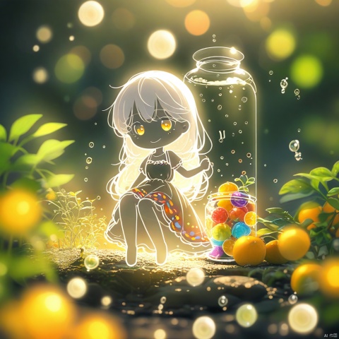 (masterpiece), (best quality), illustration, ultra detailed, hdr, Depth of field, (colorful), loli,(flowers background:1.45),(transparent background:1.3)(an extremely delicate and beautiful girl inside of glass jar:1.2), (glass jar:1.35),(solo:1.2), (full body), (beautiful detailed eyes, beautiful detailed face:1.3), (sitting ), (very long silky hair, float white hair:1.15), (medium_breasts, tally and skinny:1.2), (Colorful dress:1.3), (extremely detailed lace:0.3), (insanely detailed frills:0.3),(hairband , orange hair_ornament:1.25),orange cans,water surface,full body,(bottle filled with orange water,bottle filled with Fanta:1.25), (many fruits in jar, many Sliced_fruits in jar:1.25), (many bubbles:1.25),