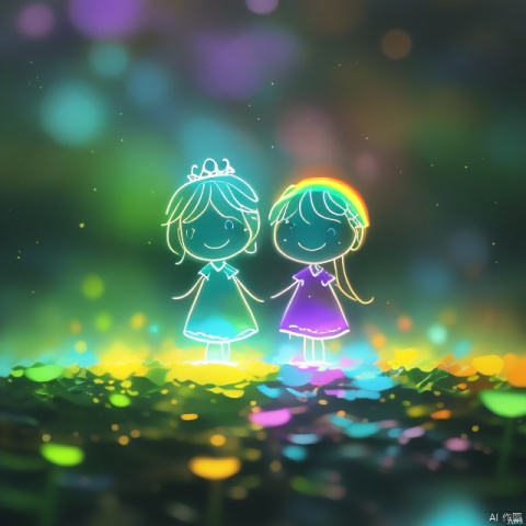 neon gradient light blue, turquoise and purple art of rainbow full body little princess and her mom on black background ,chinese, detailed linework, clear lines, bold vibrant colors, realistic forms, shading, perspective