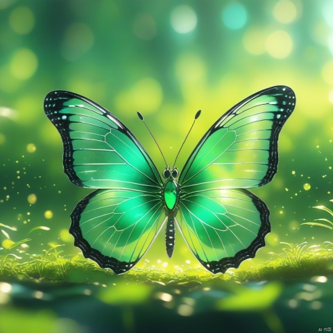 Best quality, very good, 16 thousand, ridiculous, extremely detailed, gorgeous transparent emerald butterfly, background grassland ((masterpiece full of fantasy elements))), ((best quality)), ((intricate details ))(8k)