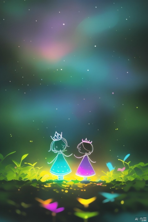 neon gradient light blue, turquoise and purple art of rainbow full body little princess and her mom on black background ,chinese, detailed linework, clear lines, bold vibrant colors, realistic forms, shading, perspective