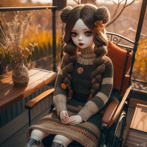 A knitted doll in a wheelchair,Classy and elegant,Eyes are very delicate,perfect fingers.,necklace,（（（hair accessories）））,Long black dress、Looking at the scenery outside the room window,The light is dark,black lips,gothic style（（best quality））, （（intricate details））, （（Surrealism））（8k）,针织玩偶