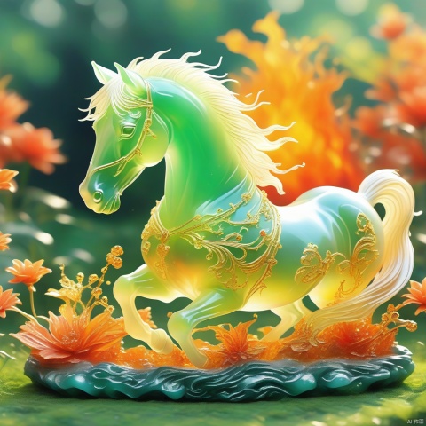 best quality, very good, 16K, ridiculous, Extremely detailed, Lovely(((horse:1.3))),Made of translucent boiling lava, Background grassland（（A masterpiece full of fantasy elements）））, （（best quality））, （（Intricate details））（8k）