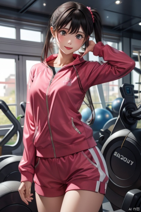 Oily and shiny skin,Pink gym suit、（（best quality））, （（intricate details））, （（Surrealism））（8k）