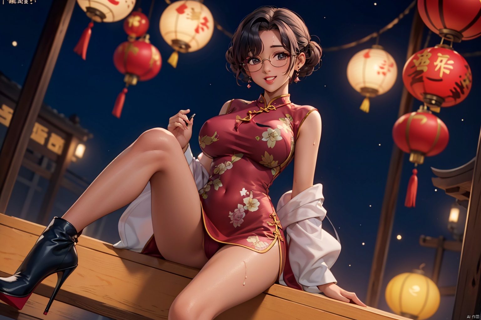 (masterpiece, best quality:1.2),1 girl, alone,Exquisite hair color,short hair,( Wearing a high-cut sexy cheongsam:1.2),High heel,glowing skin,a lot of sweat( Very dark skin 1.2),wear glasses,earrings（（（excited expression）））blush,Chinese new year decoration,Festive tones,超big breasts,big breasts,large breast size,big breasts, Breasts are large and sagging,Nipple protrusion,pink areola,pink lips,姬宫安希