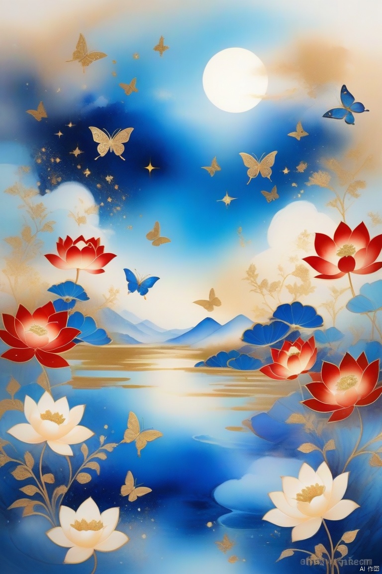 Dunhuang art style illustration, many blue butterflies with golden patterns surrounded by auspicious clouds, with transparent shining diamond wings, majestic, (blue butterflies shining with starlight: 1.36) flying in the lotus pond, extremely delicate brushstrokes, soft and smooth, China Red and indigo, gold background