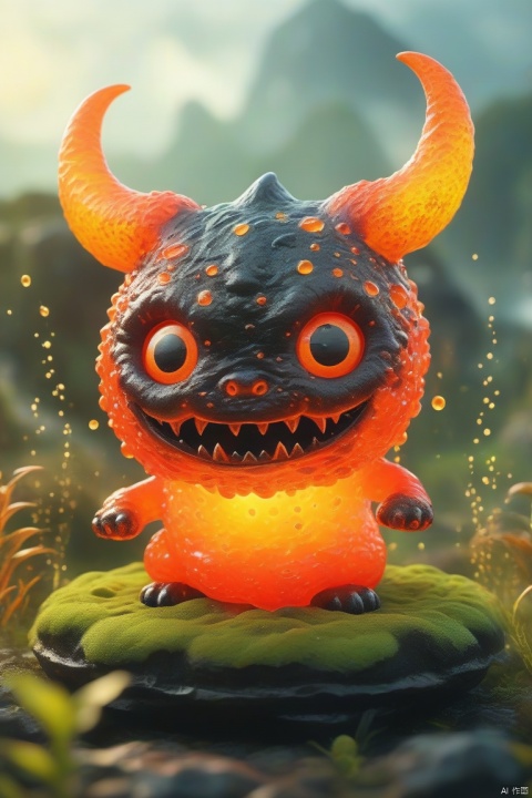  Best quality, very good, 16 thousand, ridiculous, extremely detailed, cute round slime demon with horns made of translucent boiling lava, background grassland ((masterpiece full of fantasy elements))), ((most good quality)), ((intricate details)) (8k)
