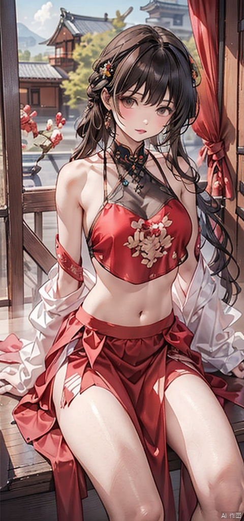  1girl, navel, solo, realistic, midriff, bare shoulders, sitting, hair ornament, black hair, jewelry, curtains, brown hair, parted lips, skirt, red skirt, looking at viewer, cowboy shot, juemei,日本