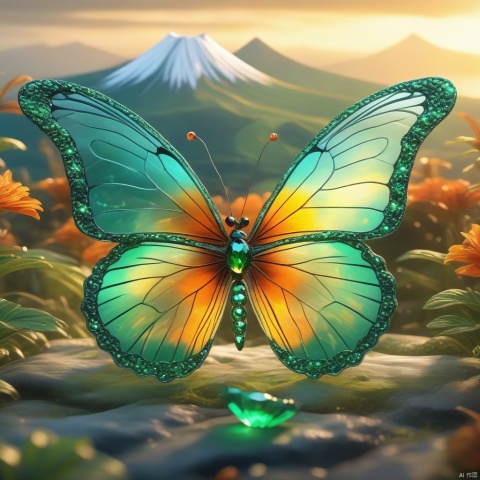Best quality, very good, 16 thousand, ridiculous, extremely detailed, gorgeous butterfly made of translucent emerald, volcano in the background ((masterpiece full of fantasy elements))), ((best quality)) , ((Intricate details)) (8k)