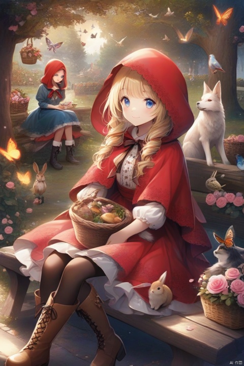 little red riding hood \(grimm\), flower, blonde hair, boots, blue eyes, butterfly, rose, rabbit, bug, pantyhose, pink rose, bird, long hair, sitting, french text, hood, english text, basket, wolf, multiple girls, tree, 1girl, smile, dress, food, pink flower, colors