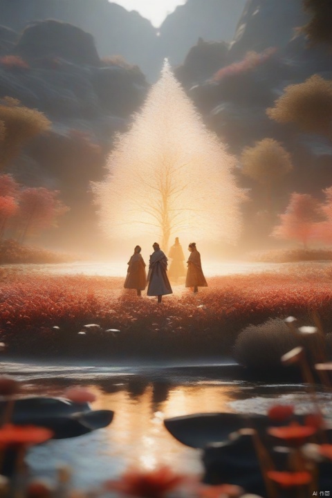 A white glowing tree in the middle of a field of red flowers, on an island floating on the water, with two people in robes standing next to it, black background, 3d rendering, Unreal Engine 5, cinematic footage, low angle shot, fantasy style , Volumetric Lighting, Surreal, Extremely Detailed, Terracotta Warriors