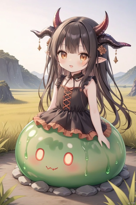 Best quality, very good, 16 thousand, ridiculous, extremely detailed, cute round slime demon with horns made of translucent boiling lava, background grassland ((masterpiece full of fantasy elements))), ((most good quality)), ((intricate details)) (8k),妖精,goblin, loli