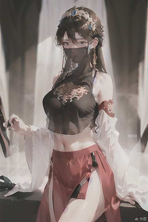 1 girl, navel, alone, actual, diaphragm, bare shoulders, sitting, hair accessories, black hair, jewelry, curtain, brown hair, open lips, skirt, red skirt, looking at the audience, （（veil））cowboy shooting, juemei