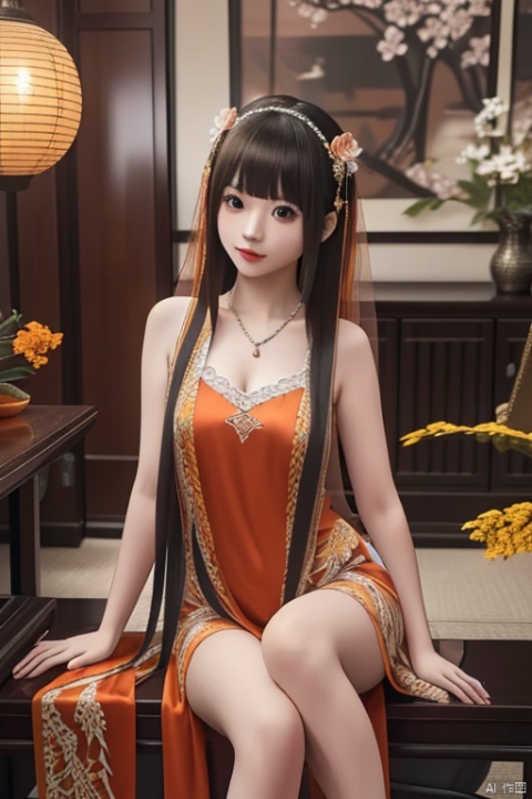 very long hair,（（（Eyes are very delicate）））（（（hair accessories）））（（（veil）））,necklace,Misako wears a red transparent sexy silk dress, ((skin glowing))The room is filled with Chinese New Year decorations（（（masterpiece）））, （（best quality））, （（intricate details））, （（Surreal））（8k）,亚豆, Anime,非常大,美纱子, seductive eyes,针织玩偶