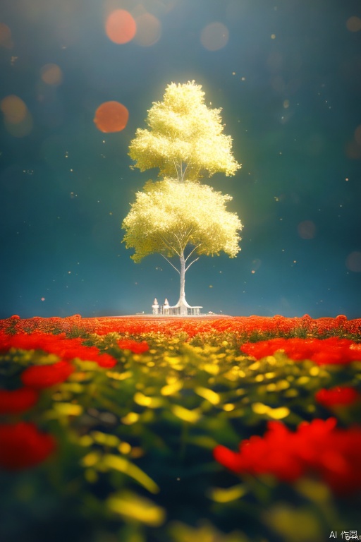 A white glowing tree in the middle of a field of red flowers, on an island floating on the water, with two people in robes standing next to it, black background, 3d rendering, Unreal Engine 5, cinematic footage, low angle shot, fantasy style , Volumetric Lighting, Surreal, Extremely Detailed, Terracotta Warriors