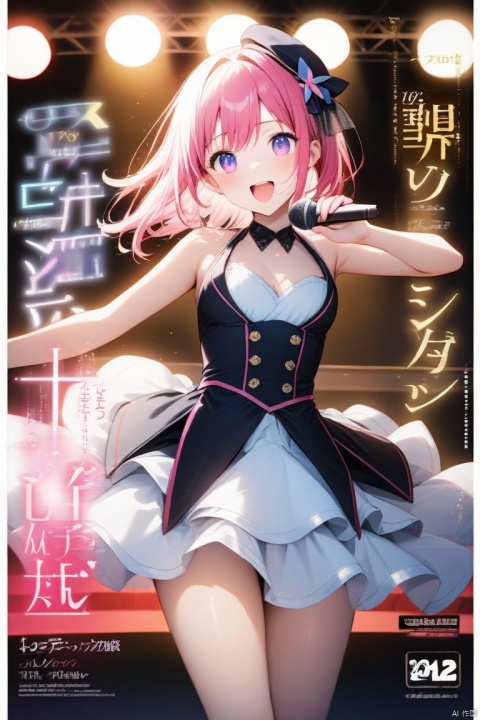 Magazine cover, masterpiece), (gleaming, ultra-sharp, 1 girl, Hoshino Ai, (exquisite and detailed facial features: 1), HD quality, ultra-clear resolution, movie quality, a cute girl wearing stage Costume, on stage, singing and dancing with microphone, spotlight shining on body (8k)