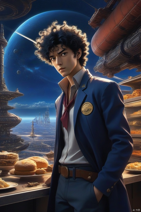 (Masterpiece, Professional Work), Cowboy Shooting, Spike Spiegel, Male Space Cowboy, Dessert with Space Battleship as Background, Cowboy Hat, Centered, Dynamic Poses, Anime Style, Key Points, Dynamic Lighting, Hyper Detailed, Intricate , (epic creation, epic proportions), 2d illustration, thrilling, panoramic, cinematic, (Cowboy Bebop Style:1.2), 1girl
