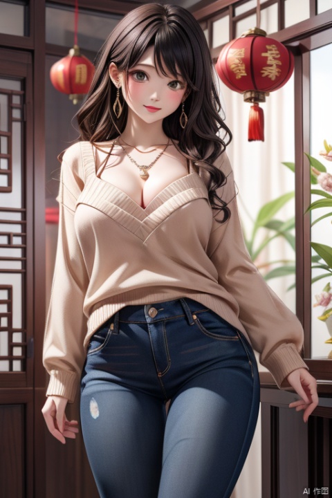 wavy hair wavy hair,（（（hair accessories）））,necklace,Wear a sexy sweater,,skinny jeans,The room is filled with Chinese New Year decorations（（（masterpiece）））, （（best quality））, （（intricate details））, （（Surreal））（8k）