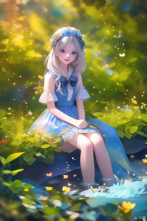 (Masterpiece), (Best Quality), Illustration, Ultra-Detailed, High Dynamic Range, Depth of Field, (Colorful), ,,This is a masterpiece that exudes exceptional quality. The illustration is ultra-detailed, created using HDR technology Sense of depth. The theme is original, beautiful, and beautiful artwork, bright colors and full of fantasy elements. The girl sitting on the seaside, surrounded by flowing water, with the dark blue world tree in the background, located in the cemetery. Tranquil and dreamy The atmosphere gives the whole scene a soulful and charming quality. Her pale complexion, sparkling blue eyes, and silver hair decorated with flowers create a charming portrait. She wears a Lolita-style outfit, a poker face, and closes your Mouth. Backgrounds range from white, transparent, looping options, and translucent blue butterflies flying around for added vibrancy.,小萝利