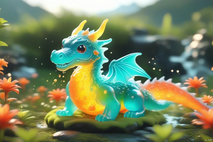 Best quality, very good, 16 thousand, ridiculous, extremely detailed, cute slime dragon with horns made of translucent boiling lava, background grassland ((masterpiece full of fantasy elements))), ((best quality)), ((intricate details)) (8k)