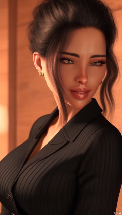 (Masterpiece, best quality: 1.2), (Masterpiece, best quality: 1.2), 1. Curly hair secretary, sexy eyes, kissing expression, moist sexy lips, perfect body, earrings ((black business clothes )), 8k