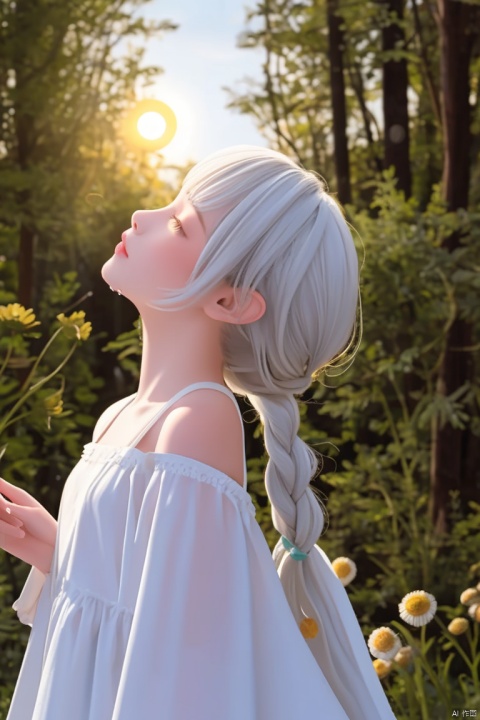 (masterpiece),(best quality),illustration,ultra detailed,hdr,Depth of field,(colorful),loli,yellow theme,the setting sun,Chamomile,Chamomile,cornflower,vines,forest,ruins,lens flare,hdr,Tyndall effect,damp,wet,1girl,bare shoulders,broken glass,broken wall,white hair,white dress,closed mouth,constel lation,flat color,braid,blinking,white robe,float,closed mouth,constel lation,flat color,looking up,standing,medium hair,standing,solo, , , , ,