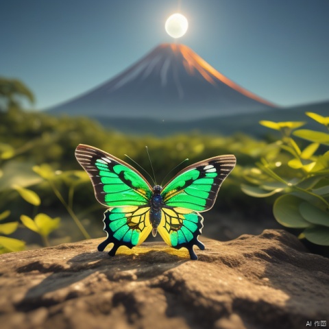 Best quality, very good, 16 thousand, ridiculous, extremely detailed, gorgeous butterfly made of translucent emerald, volcano in the background ((masterpiece full of fantasy elements))), ((best quality)) , ((Intricate details)) (8k),针织玩偶,小萝利