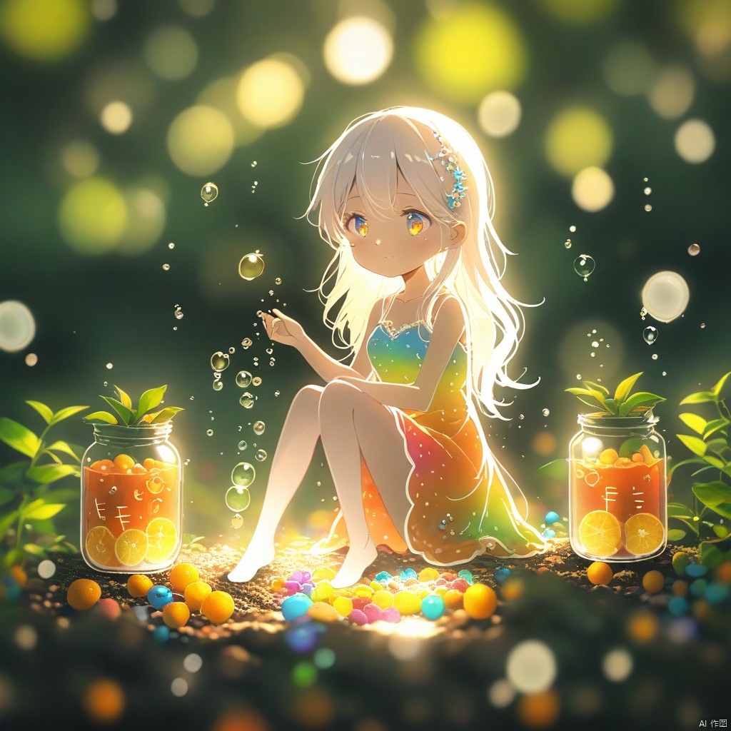 (masterpiece), (best quality), illustration, ultra detailed, hdr, Depth of field, (colorful), loli,(flowers background:1.45),(transparent background:1.3)(an extremely delicate and beautiful girl inside of glass jar:1.2), (glass jar:1.35),(solo:1.2), (full body), (beautiful detailed eyes, beautiful detailed face:1.3), (sitting ), (very long silky hair, float white hair:1.15), (medium_breasts, tally and skinny:1.2), (Colorful dress:1.3), (extremely detailed lace:0.3), (insanely detailed frills:0.3),(hairband , orange hair_ornament:1.25),orange cans,water surface,full body,(bottle filled with orange water,bottle filled with Fanta:1.25), (many fruits in jar, many Sliced_fruits in jar:1.25), (many bubbles:1.25),