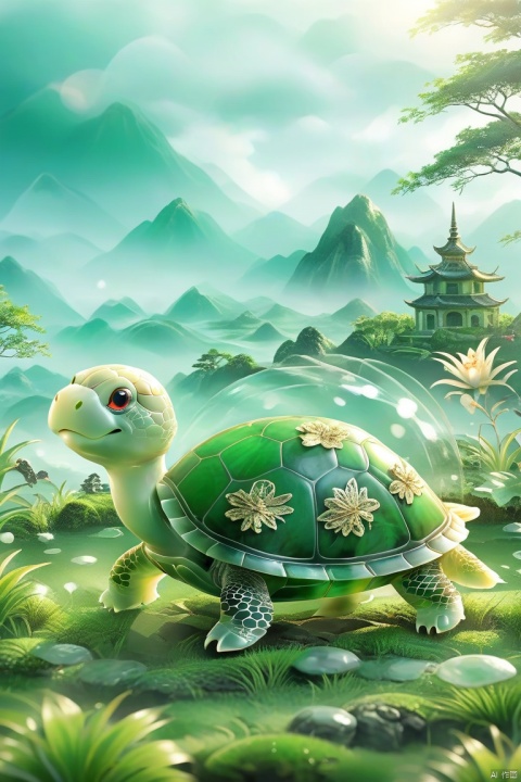 best quality, very good, 16K, ridiculous, Extremely detailed, Lovely(((turtle:1.3))),Made of transparent jade, Background grassland（（A masterpiece full of fantasy elements）））, （（best quality））, （（Intricate details））（8k）