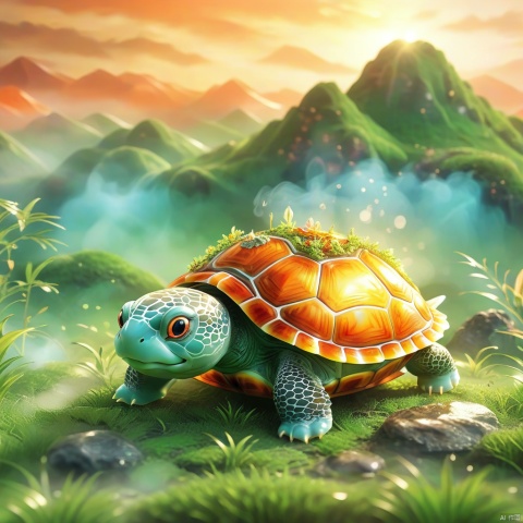 best quality, very good, 16K, ridiculous, Extremely detailed, Lovely(((turtle:1.3))),Made of translucent boiling lava, Background grassland（（A masterpiece full of fantasy elements）））, （（best quality））, （（Intricate details））（8k）