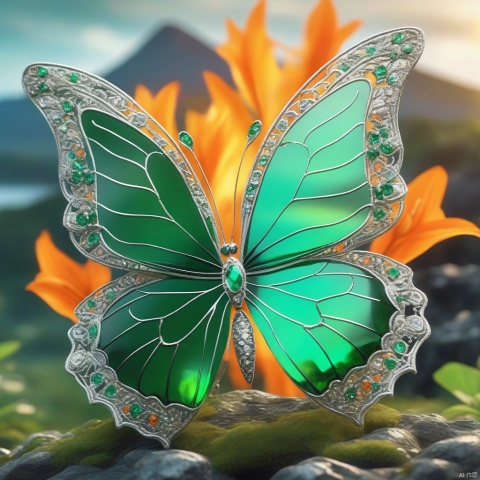 Best quality, very good, 16 thousand, ridiculous, extremely detailed, gorgeous butterfly made of translucent emerald, volcano in the background ((masterpiece full of fantasy elements))), ((best quality)) , ((Intricate details)) (8k)