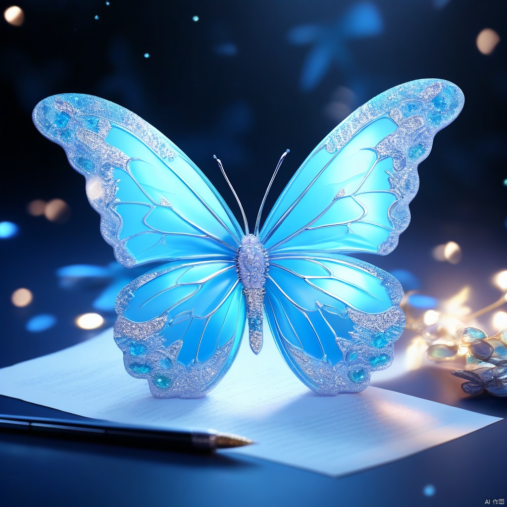 由ais-rcn 制作,8K 照片,信,就像一只蓝色的蝴蝶,笔下舞动,将创意转化为精美的艺术品,柔软,侧光