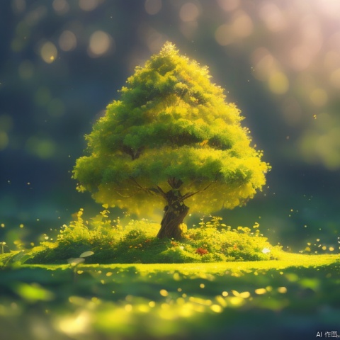 Best quality, very good, 16 thousand, ridiculous, extremely detailed, gorgeous big tree made of translucent emerald, background grassland ((masterpiece full of fantasy elements))), ((best quality) ), ((Intricate details)) (8k),针织玩偶