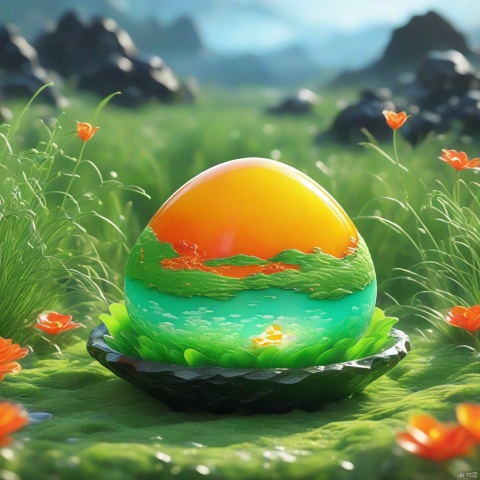 best quality, very good, 16K, ridiculous, Extremely detailed, Lovely(((egg:1.3))),Made of translucent boiling lava, Background grassland（（A masterpiece full of fantasy elements）））, （（best quality））, （（Intricate details））（8k）