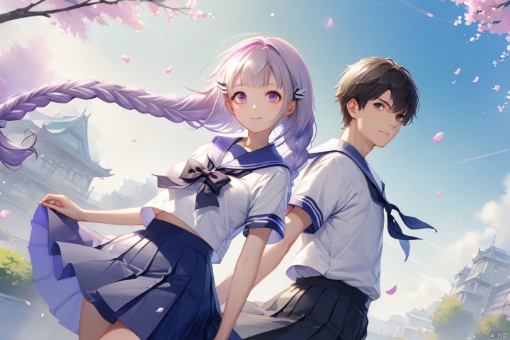 yinji, 1 girl and 1 boy, back to back, looking back at each other, (((reluctant expression))) purple and white gradient double braids, gorgeous school, romantic atmosphere, (((many petals flying))), (( Sailor Suit)) Your Name, Author: Xinhai Cheng, Super Wide Angle, (8K) (HD)