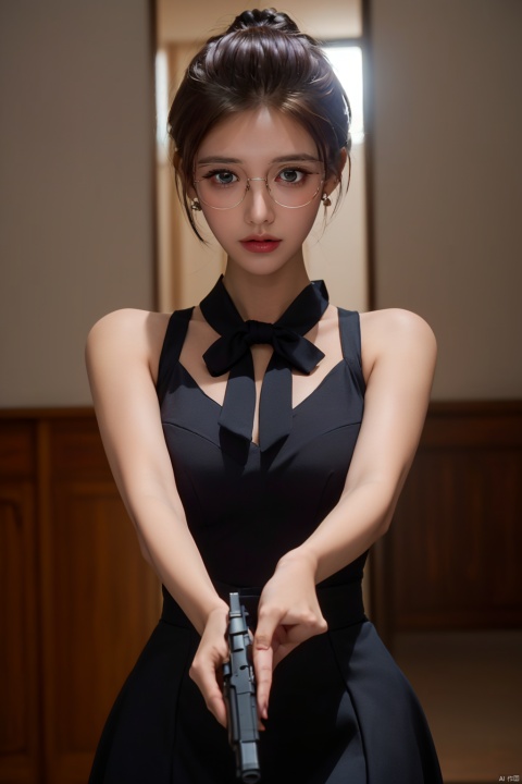 (masterpiece, best quality:1.2),Mafia background super detailed, 1 girl with a gun, alone,Exquisite hair color,short hair,( Wear conservative dress, black tie:1.2)Get a pistol, ,glowing skin,A lot of sweat(  very dark skin 1.2),wear glasses,earrings（（（nervous expression）））blush,mysterious atmosphere,pink lips