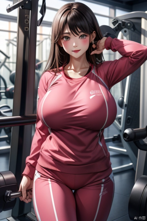 Oily and shiny skin,Pink gym suit、huge 、big and droopy,big tietra big titasterpiec,（（best quality））, （（intricate details））, （（Surrealism））（8k）