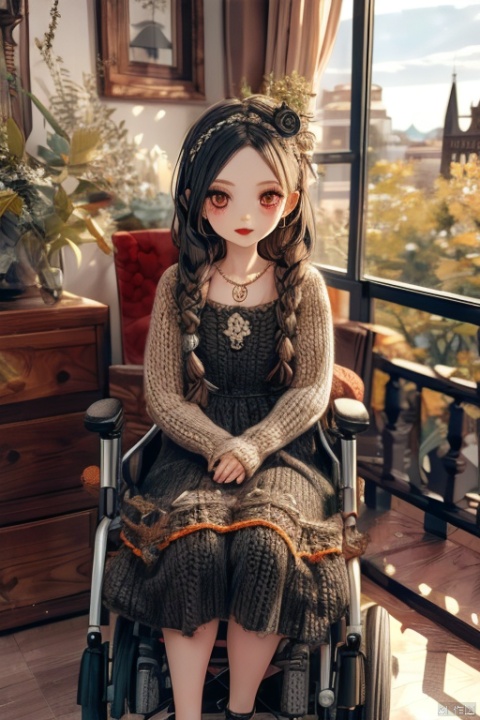 A knitted doll in a wheelchair,Classy and elegant,Eyes are very delicate,perfect fingers.,necklace,（（（hair accessories）））,Long black dress、Looking at the scenery outside the room window,The light is dark,black lips,gothic style（（best quality））, （（intricate details））, （（Surrealism））（8k）,针织玩偶