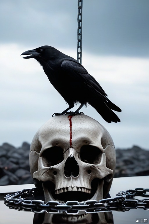  A crow sits on a large skull suspended by chains., realistic dark concept art, apocalyptic art, highly realistic concept art, detailed 4k horror artwork, 4K very detailed なデジタルアート, 4K concept art and Surrealism, stylized fantasy artwork, eerie nostalgic concept art, surreal concept art, blood spurting out, looking up to the sky, world of the dead, reminiscent of death, confusion, red liquid, flying ashes, floating objects, Giant floats, world of the dead, cross tombstones, (photo real: 1.4), shot with Canon 5D MK4, shot with Canon EOS 5D Mark IV, shot with Canon EOA 6d mark ii, very detailed texture, delicate eyes , double eyelids , very detailed , exquisite details , masterpiece , top quality , super detailed , dusty , windy